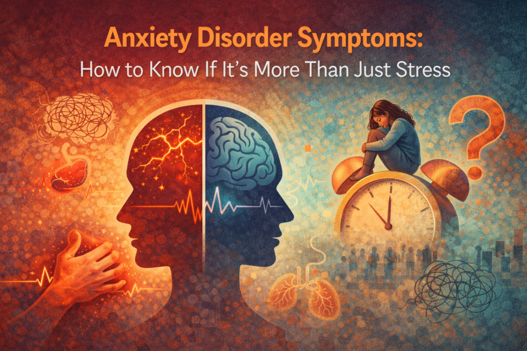 Anxiety disorder symptoms illustration showing mental and physical effects of chronic stress