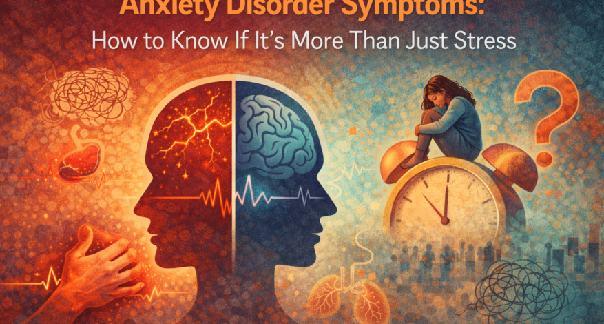 Anxiety disorder symptoms illustration showing mental and physical effects of chronic stress